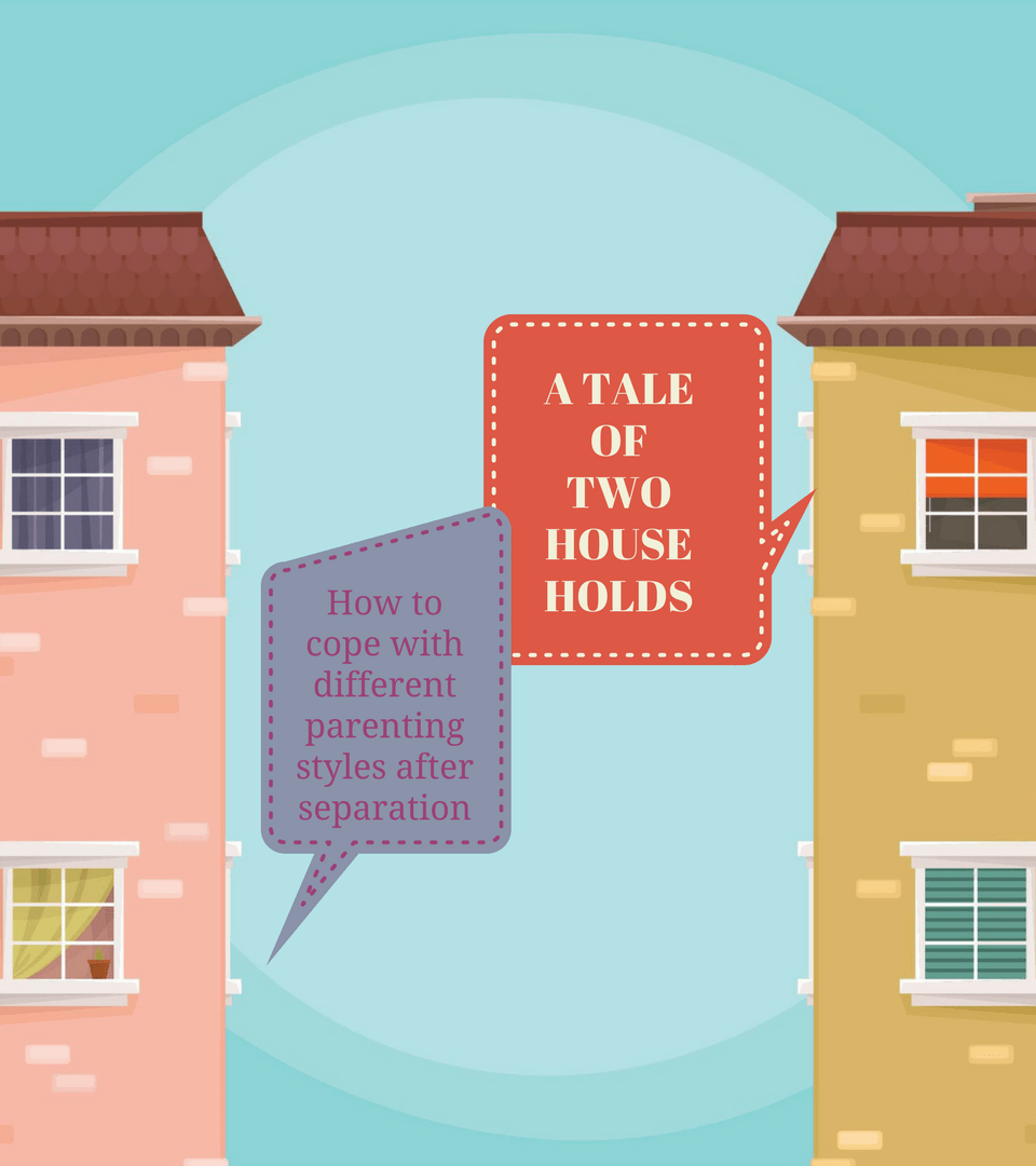 An illustration of houses to show the tale of two house holds when dealing with different parenting styles after separation.