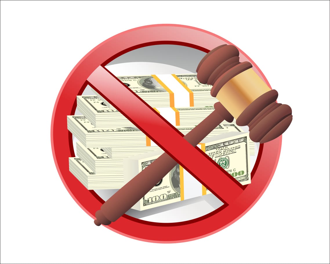 Illustration of money behind and no entry sign and a gavel