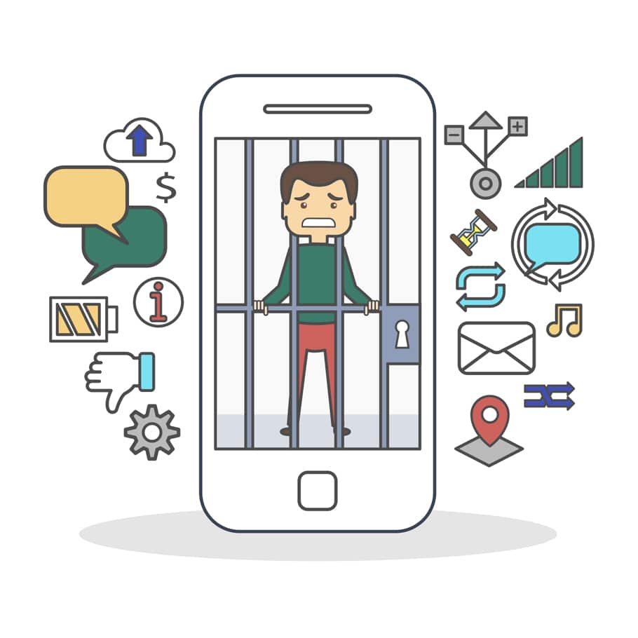 An illustration of a man behind bars in a phone screen with icons surrounding the phone