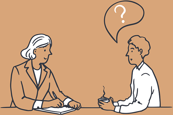 An illustration of a man and woman in discussion the man has a speech bubble above his head with a question mark in it