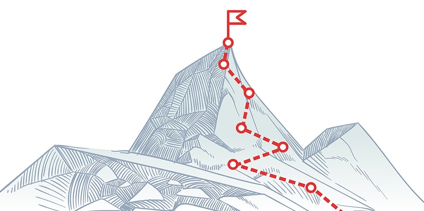 Illustration of a mountain with a red line showing the best path to climb to the top where there is a red flag planted.